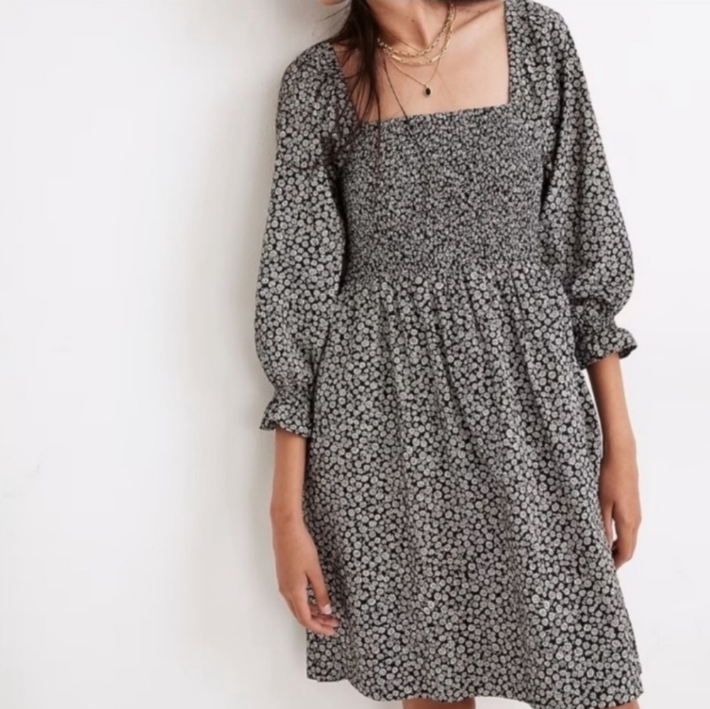 NWT MADEWELL Lucie Elbow-Sleeve Smocked Mini Dress in Parisian Ditsy